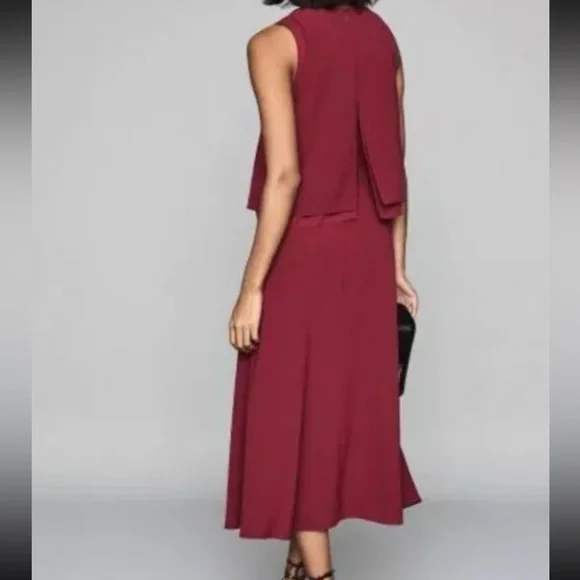 Reiss Viola Sheer Layered Midi Dress, Berry Size 10 US NWT